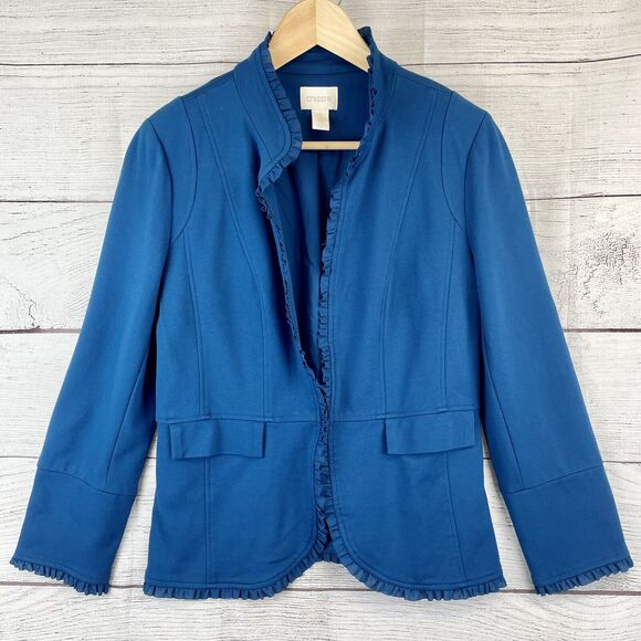 Chico's Teal Blue Blazer Jacket Ruffle Trim Lined Size 1 US M/8 - Picture 1 of 12